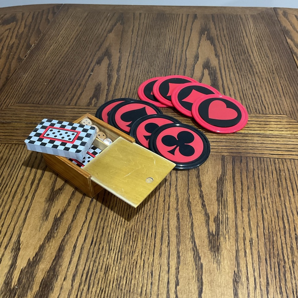Pier 1 Card Game set: 2 card decks, 4 dice & 8 coasters